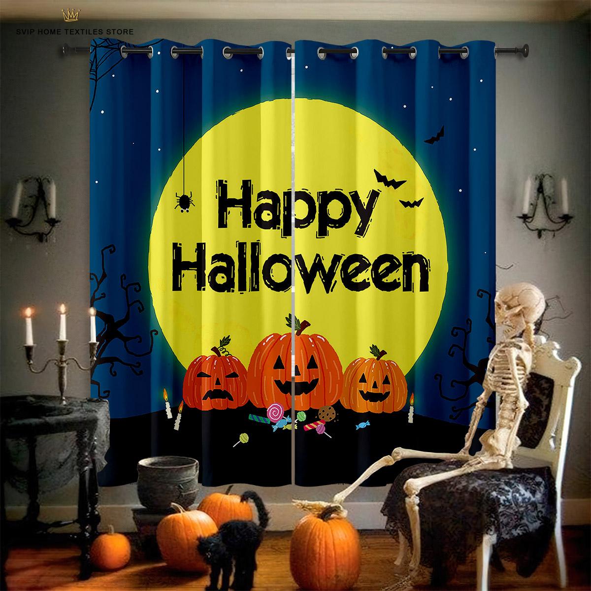 

Шторы с мультяшным принтом, украшения на Хэллоуин, полиэфирное волокно, ведьма, тыква, индивидуальный узор, спальня, гостиная, праздник W50X130H(CM)X2PCS&Rod pocket