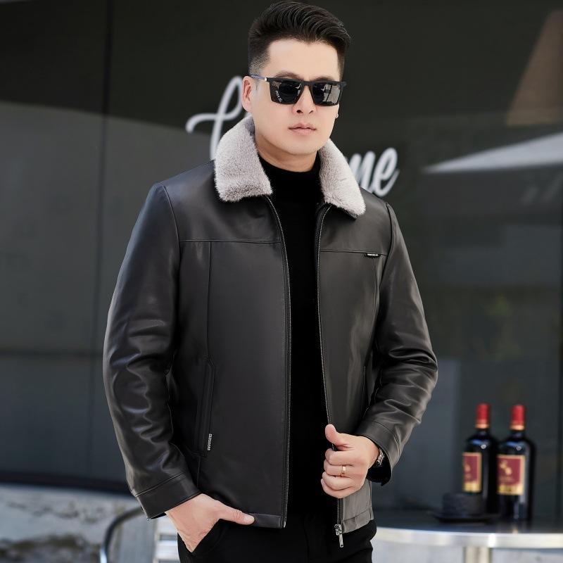 

Новая зимняя кожаная куртка с воротником из меха норки, пуховик для мужчин среднего и пожилого возраста, утолщенная короткая куртка в деловом стиле 195