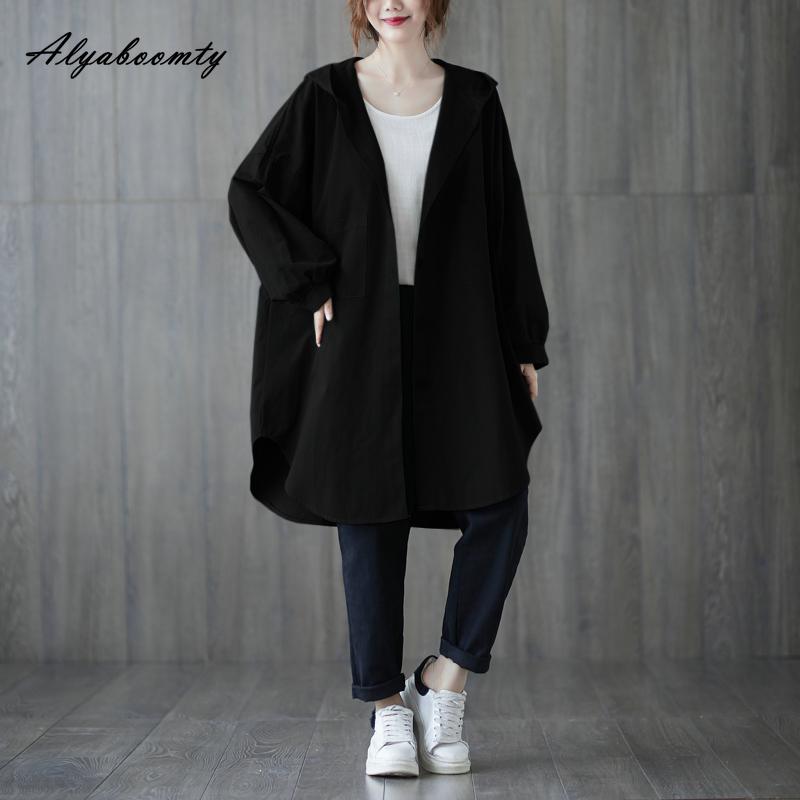 

Korean Style Spring Autumn Women Oversized Long Blouse Hooded Gray Black Dark Green Baggy Coat Plus Size Casual Loose Ladies Basic Outerwear ONE SIZE чорний