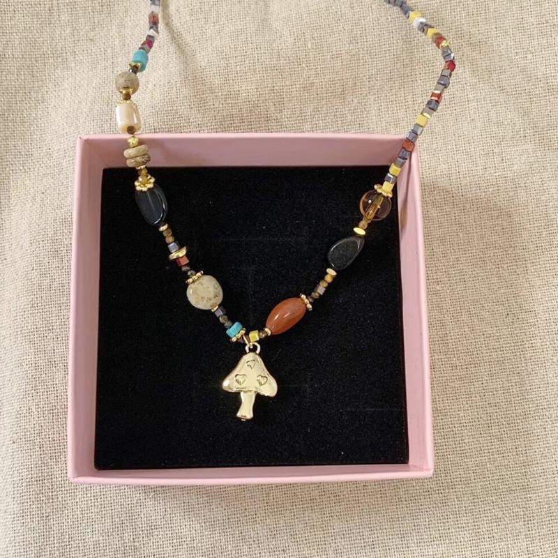 French Vintage Natural Stone Beaded Necklace Unique Sunrises Mushroom Pendant Handmade Winter Jewelry For Women Gift