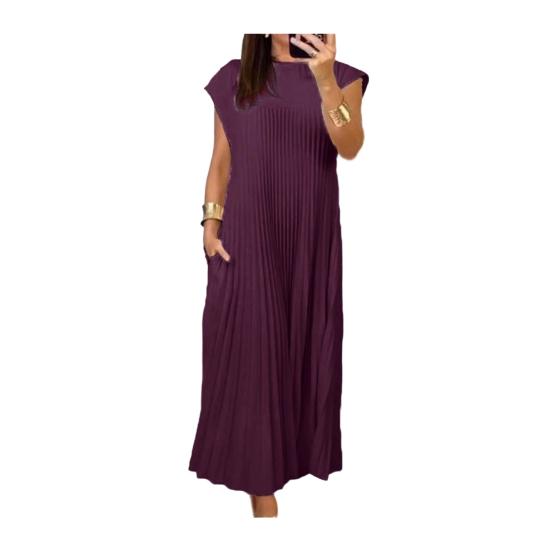 Women s Summer Sleeveless Midi Dress Casual Crewneck Pleated A Line Swing Dress Flowy Long Party Dress S вино красного