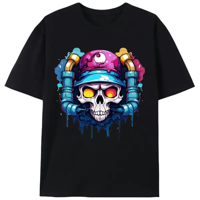Cartoon Graffiti Worker Skull Summer T-Shirt, Men s Unisex Streetwear Graphic Te S разноцветный