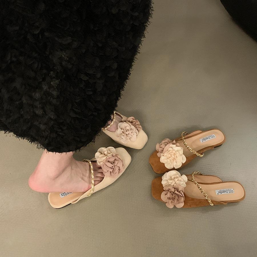 Flat Bottom New Chinese Style Flat Bottom Bag Head Half Support Shoes Women's Shoes Wear 2025 New Internet Celebrity Explosion Temperament Small Sand