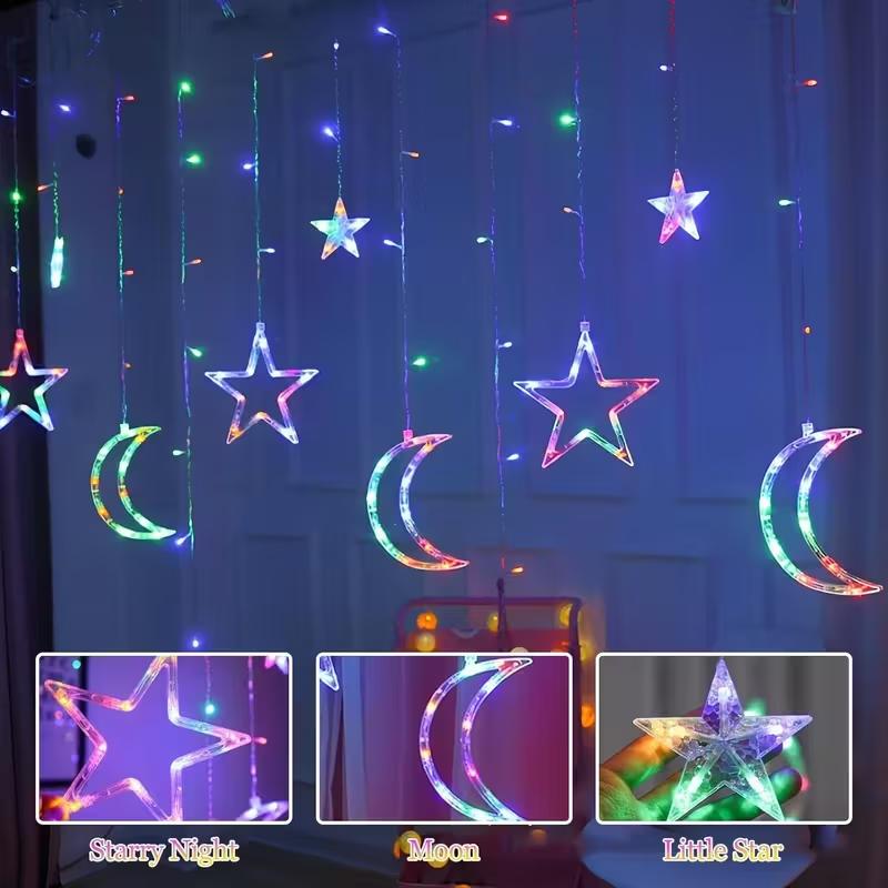 USB & Battery Operated Star Moon Curtain String Lights, Warm White & Multicolor LED Fairy Hanging Lights for Bedroom, Christmas, New Year Indoor Decor