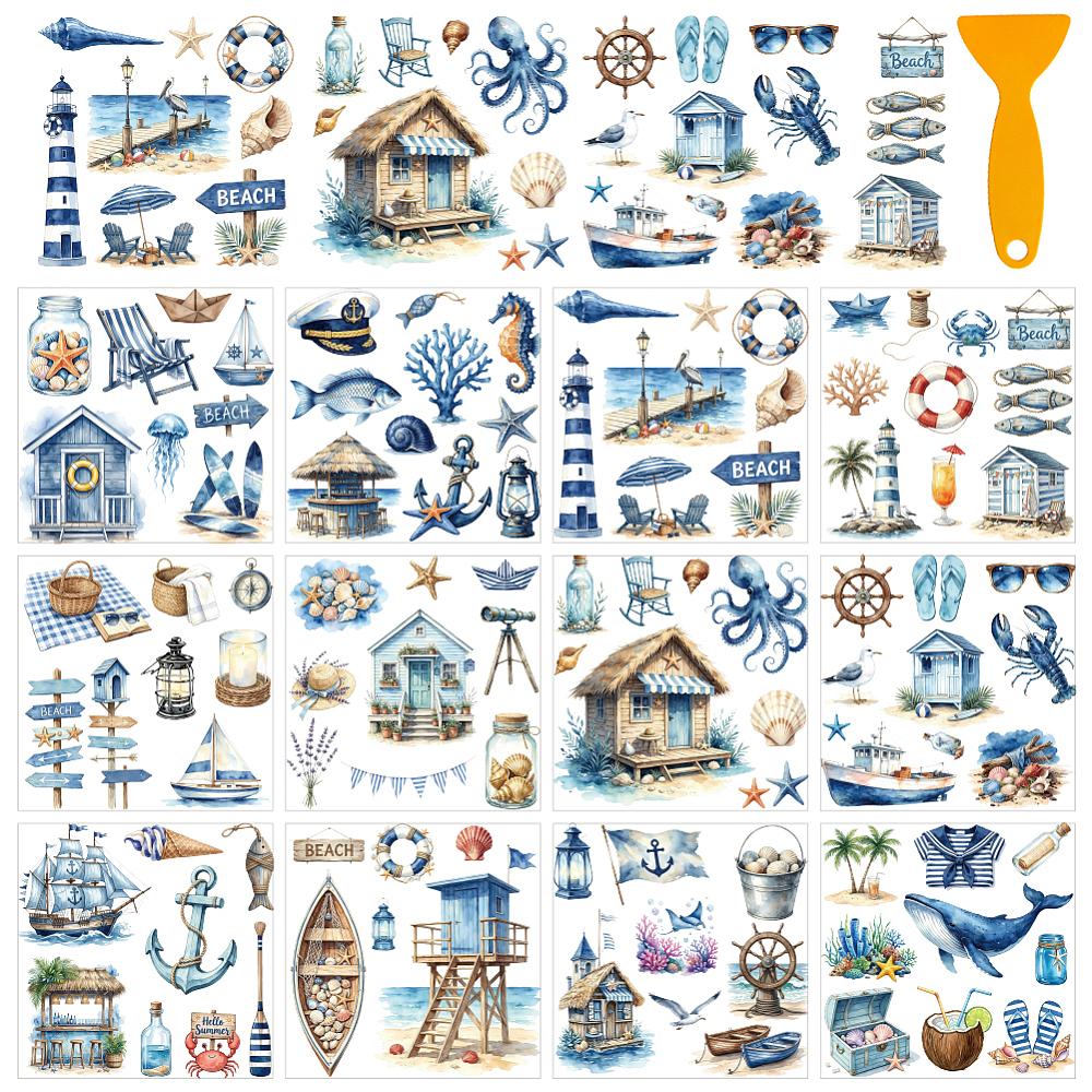 12 Sheets 12 Style PVC Stickers Heat Transfer Film for Window Decoration Mixed Shapes 140x140mm 1 sheet/style