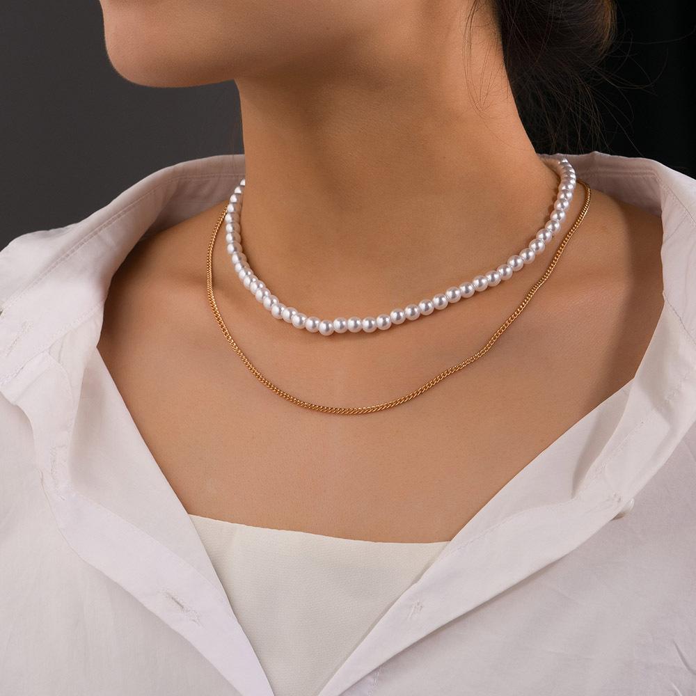 Simple Pearl Necklace Double Layer Women's Necklace Stacked Wind Alloy Necklace Accessories