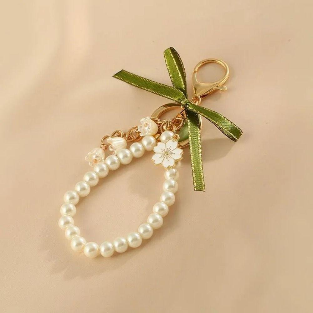 Fashion Bell Orchid Pendant Keychain Pretty Pearl Strap Key Ring Green Ribbon Bow Key Chain  Girl