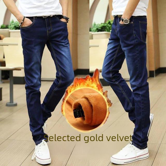 Men's Slim Fit Korean Style Velvet Lined Skinny Jeans for Fall