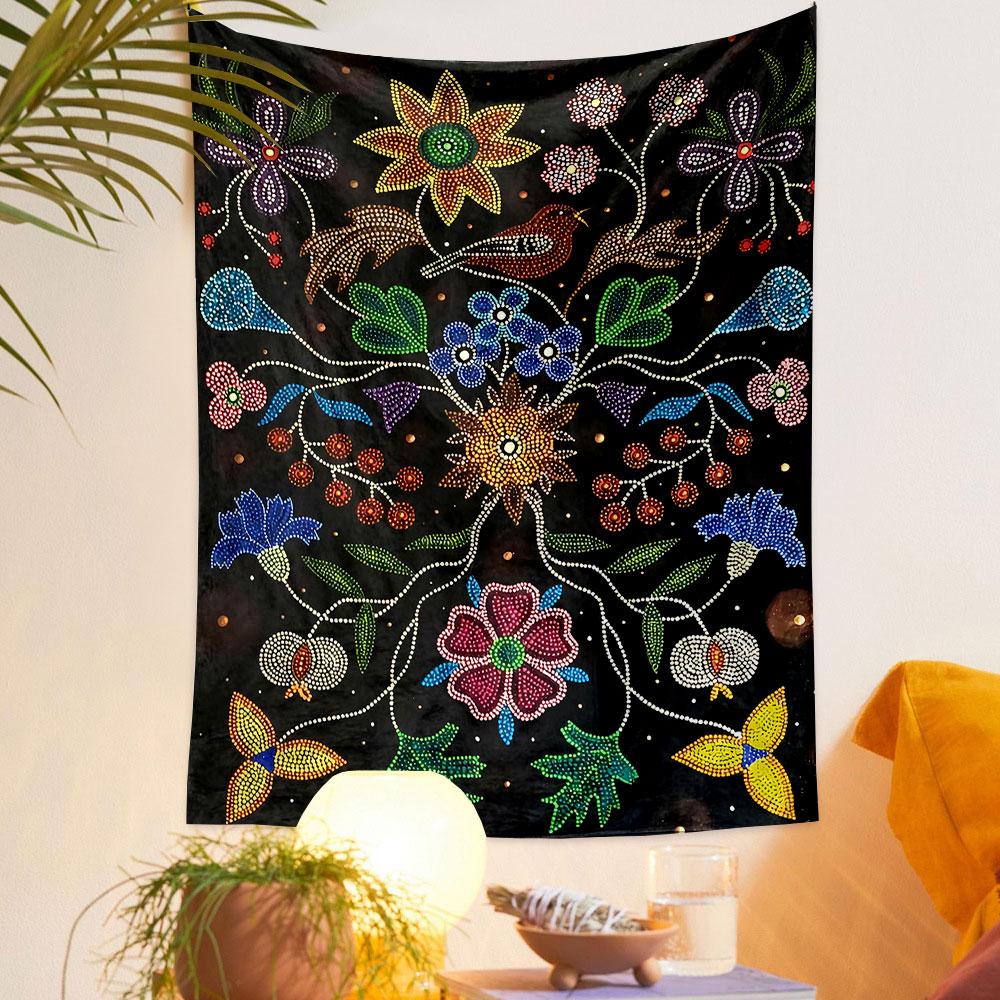 Colorful Floral and Bird Art on Black Background Patterned tapestry home decor, suitable for bedroom and living room, gift