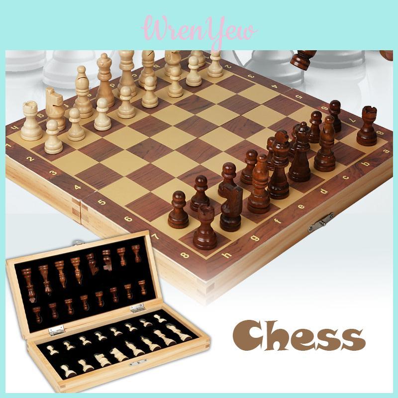 Elegant Brown Wood Chess Set With Smooth Folding Chessboard And Classic Game Pieces