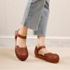 Johnature Women's Sandals Retro Versatile Round Toe Genuine Leather Woven Comfortable Flat Shoes