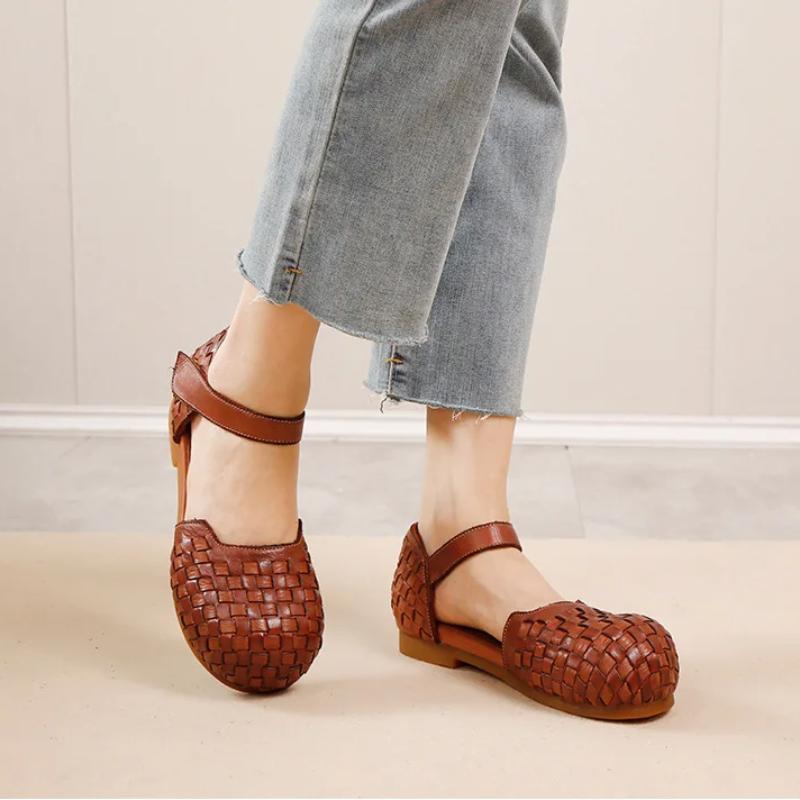 Johnature Women's Sandals Retro Versatile Round Toe Genuine Leather Woven Comfortable Flat Shoes