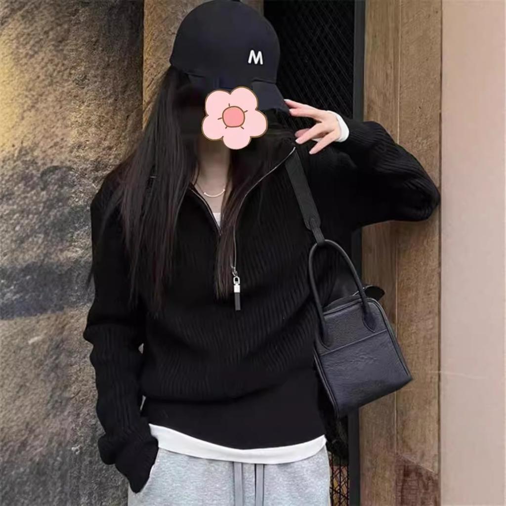 Women's Autumn Winter Half-Zip High Neck Sweater Stylish Gray Inner Wear Knit Top