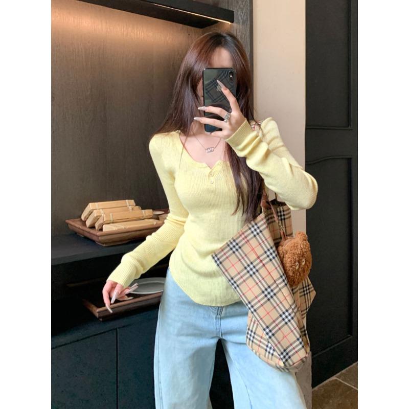 Spring new pit strip thin button half open neck pure desire long sleeve Spice girl base with knitted top women