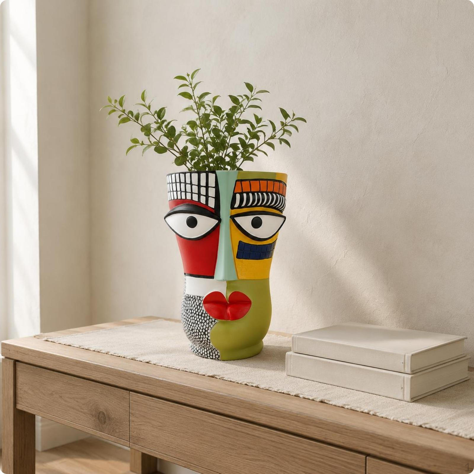 Abstract Facial Planter Artistic Design Colorful Art Flower Pot Unique Decorative Face Vase