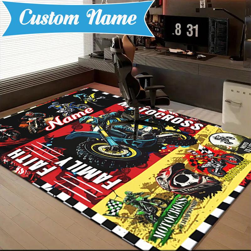 Custom Name Sport Bike Rug for Living Room, Game Rooms, Office, Bedroom, Floor Mat Playful Design, fan gifts Christmas decor