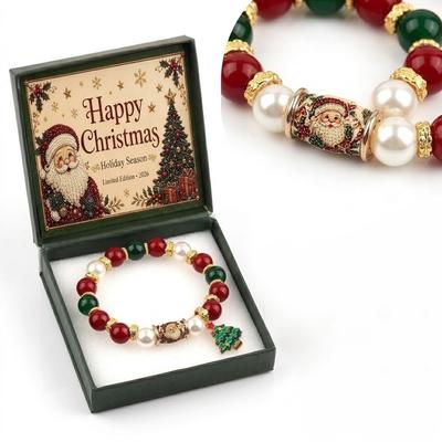 Christmas Pearl Bracelet with Natural Crystal Beads: Festive Holiday Jewelry Featuring Alloy Christmas Tree Pendant Stretch Wrist Accessory for Wome