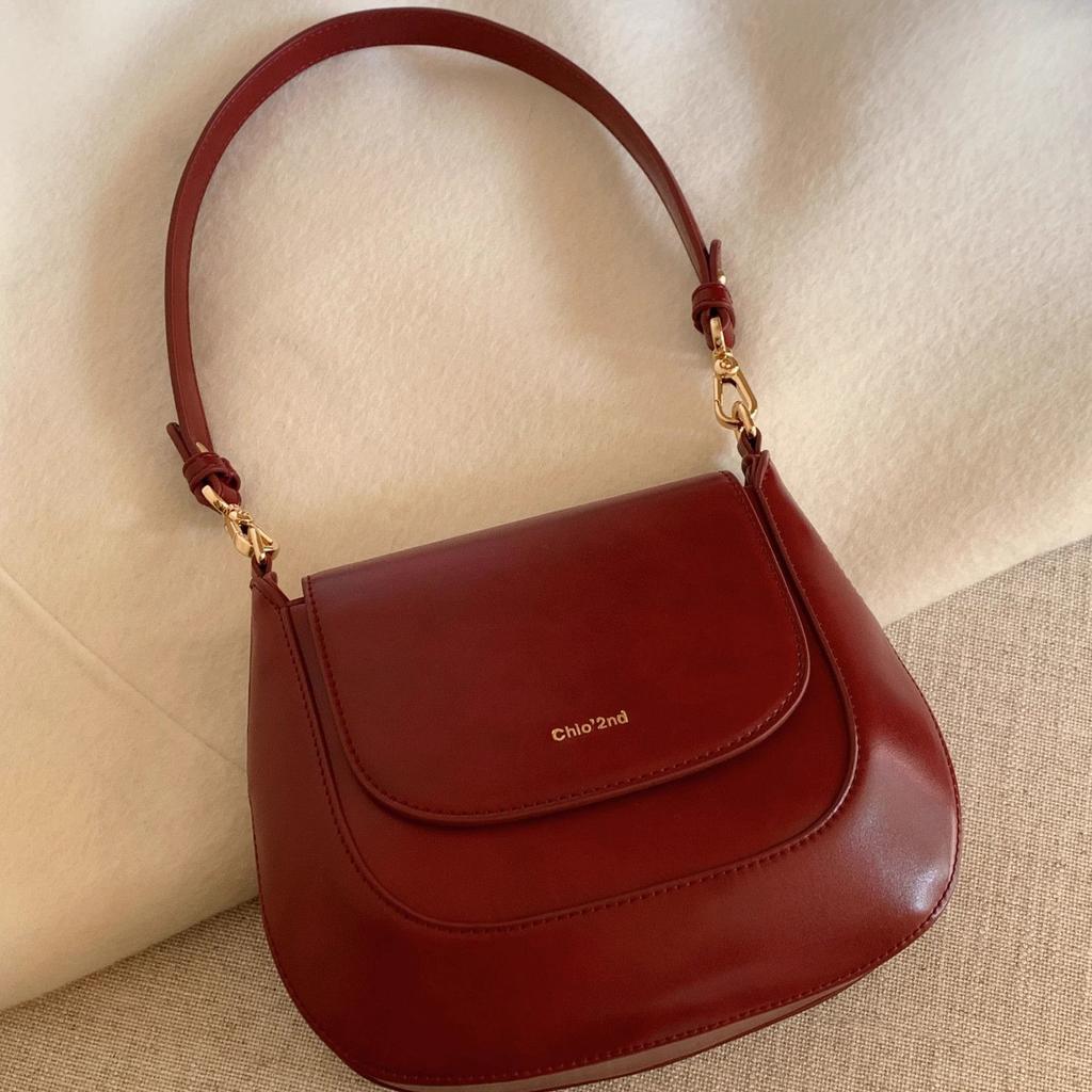 Vintage Red Handbag Women Retro High Street New Leather Chic Saddle Mujer Female Elegant Burgundy Bag Purse