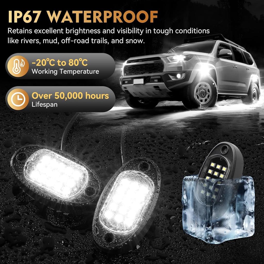 8Pods Pure White LED Rock Lights Kit with Switch Wiring Harness Extension Wire, 6500K 15LEDs Neon Underglow Light Waterproof Fender Lights for Car