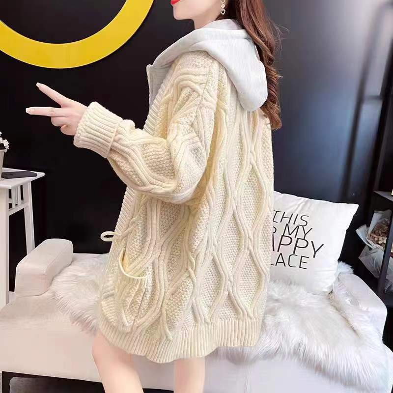Hooded Fake Two-piece Cardigan Medium and Long New Autumn and Winter Wear Loose and Lazy Plus Size Knitted Sweater Jacket Sweater Women