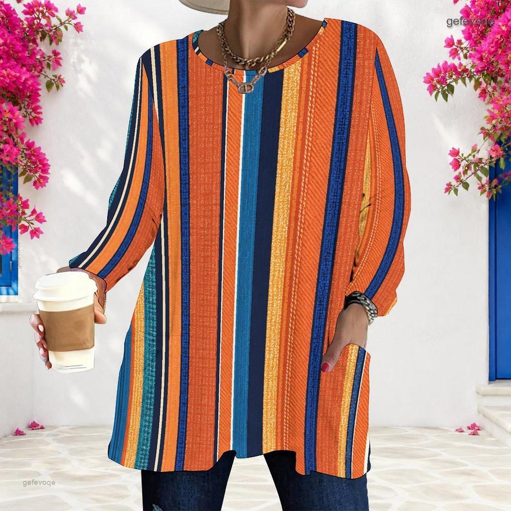 Women Plus Size White Polka Dot Printed Round Neck Long Sleeve Loose Longline T Shirt With Pockets