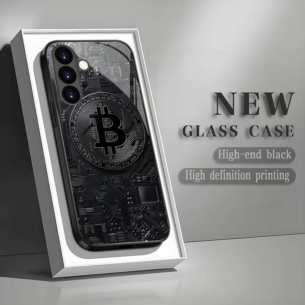 Bitcoin black tempered glass phone case suitable for Samsung Galaxy S26 S25 S24 S22 S21 S20 FE/Ultra/Plus anti drop back cover