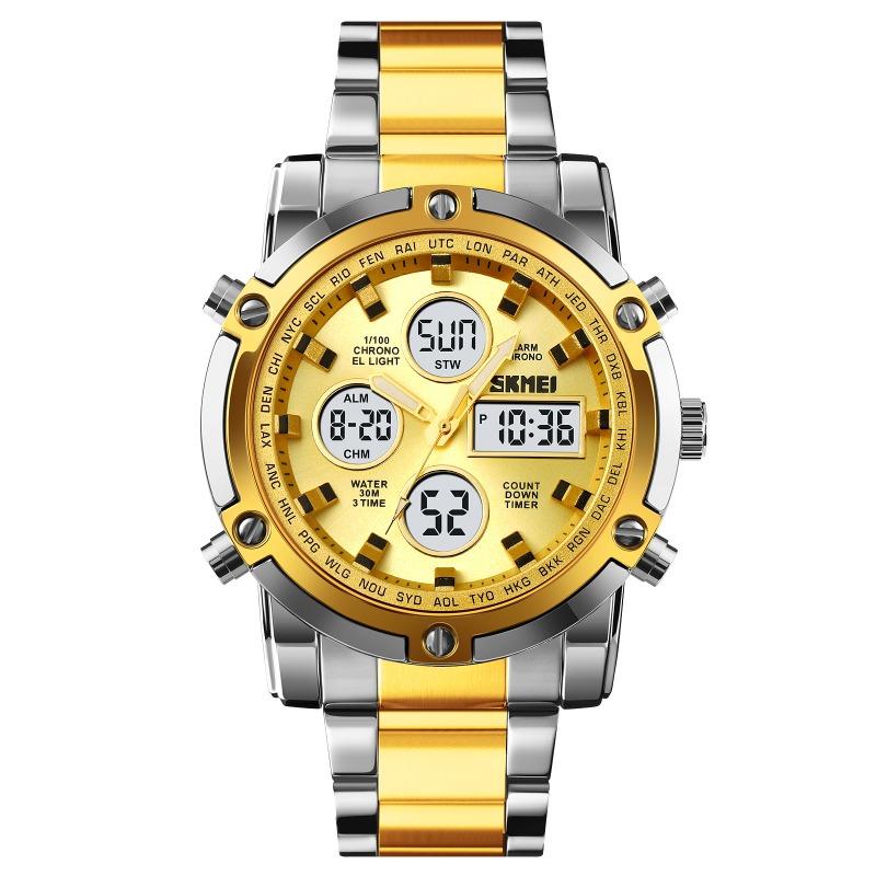 Dual Display Electronic Watch, Multi-function Steel Strap, Large Dial, Three-time Men's Waterproof Watch