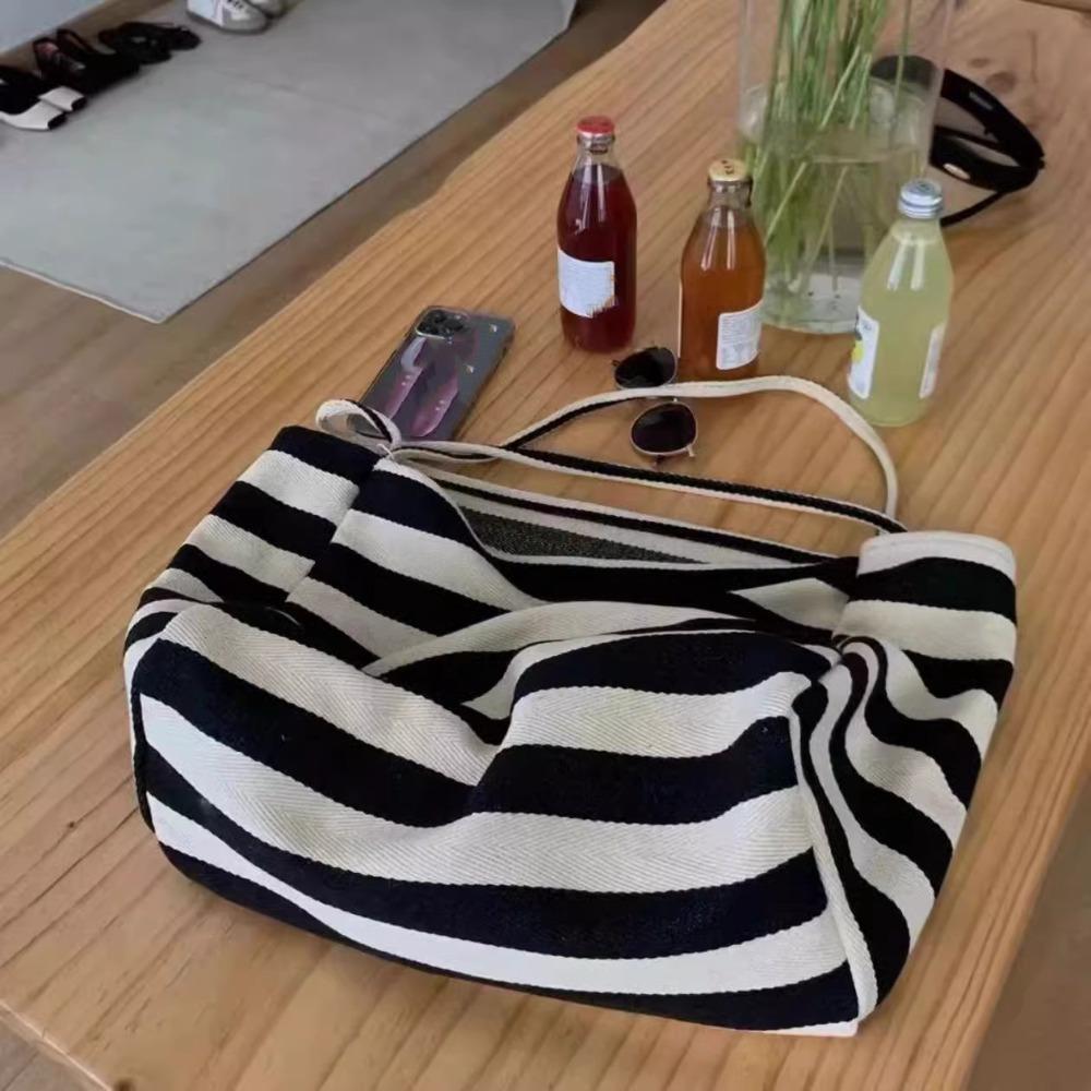 Contrast Color Stripe Canvas Handbag Korean Style Thin Straps Tote Bag  Girls