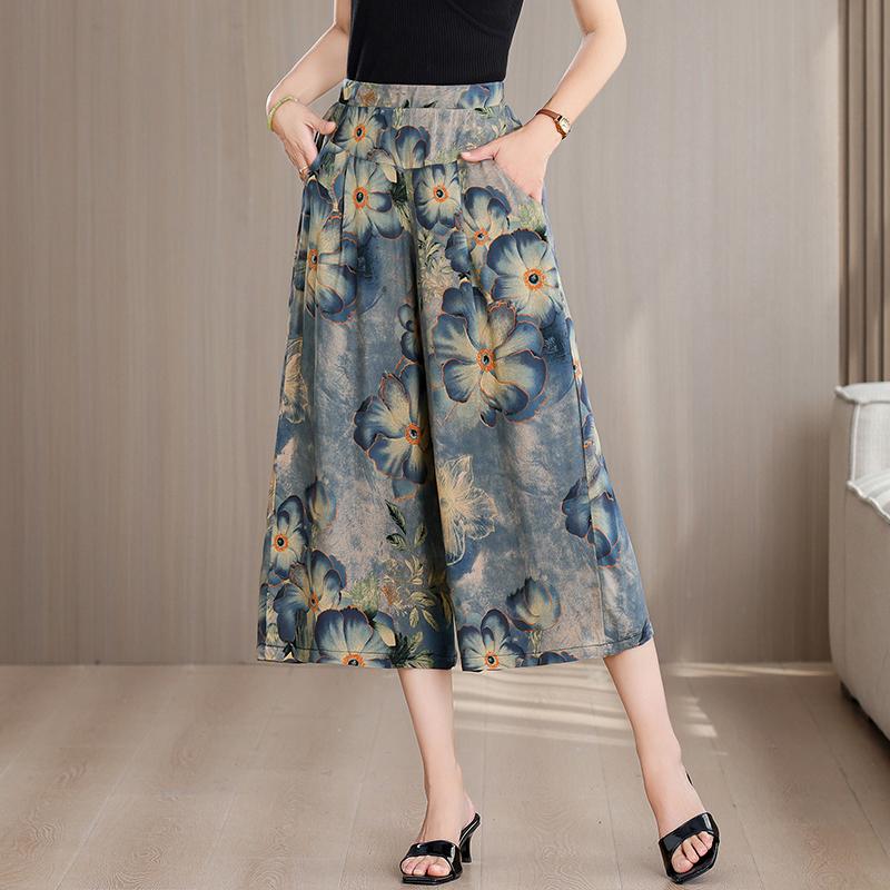 Plus Size Summer Women's Wide Leg Pants High Waist Loose Vintage Clothes Elastic Waist Casual Pants