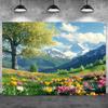 2D Spring Mountain Tapestry, Blooming Tulips & Snow Peaks for Home Decor