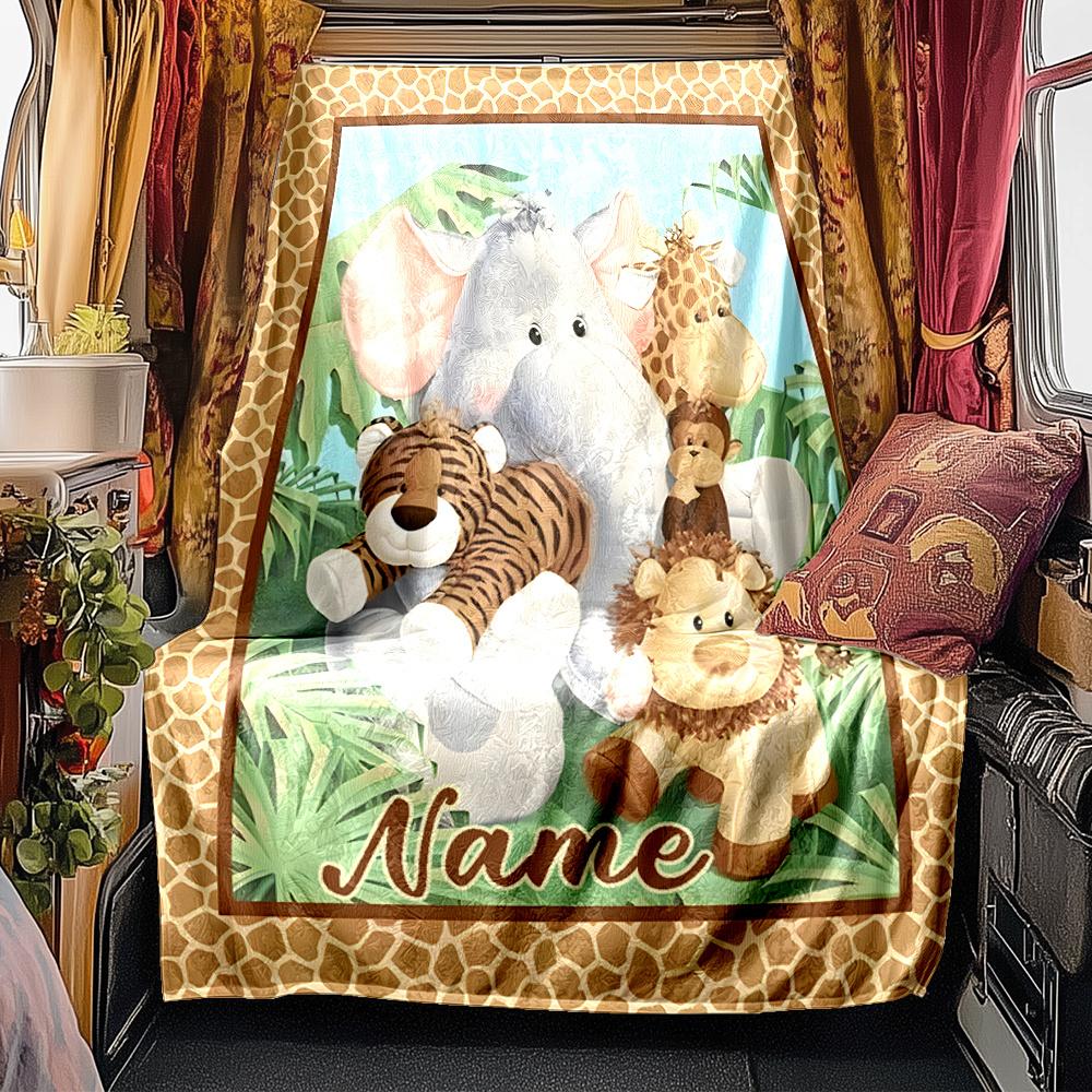Jungle Safari Animals Blanket Personalized Name Soft Comfortable Stylish Blanket Car Blanket Perfect For Travel Camping Outdoor Home Suitable For All