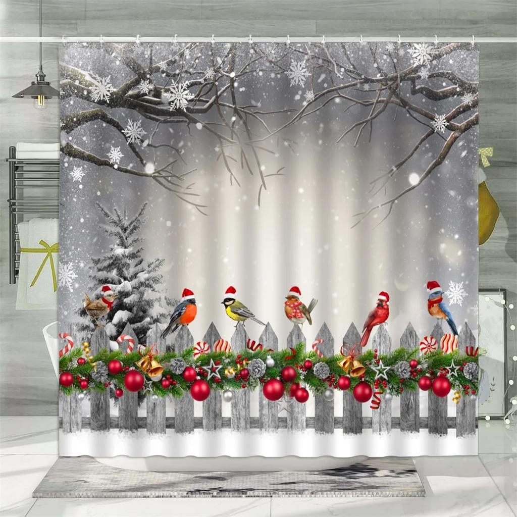 Christmas Shower Curtain, Winter Snowman Santa Claus Gnome Farm Farmhouse Cartoon Truck Christmas Tree Snowflake Bathroom Decor