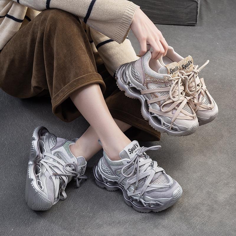 Fashion 6.5CM Women Thick Sole Platform Casual Sneakers Summer Mesh Breathable Mixed Colors Rhinestone Outside Height Increasing Shoes