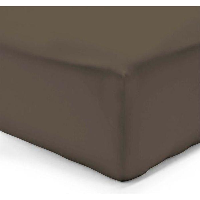 Drap housse - SERENA - 160x200 cm - Marron - 100% Coton - Bonnet 25 cm
