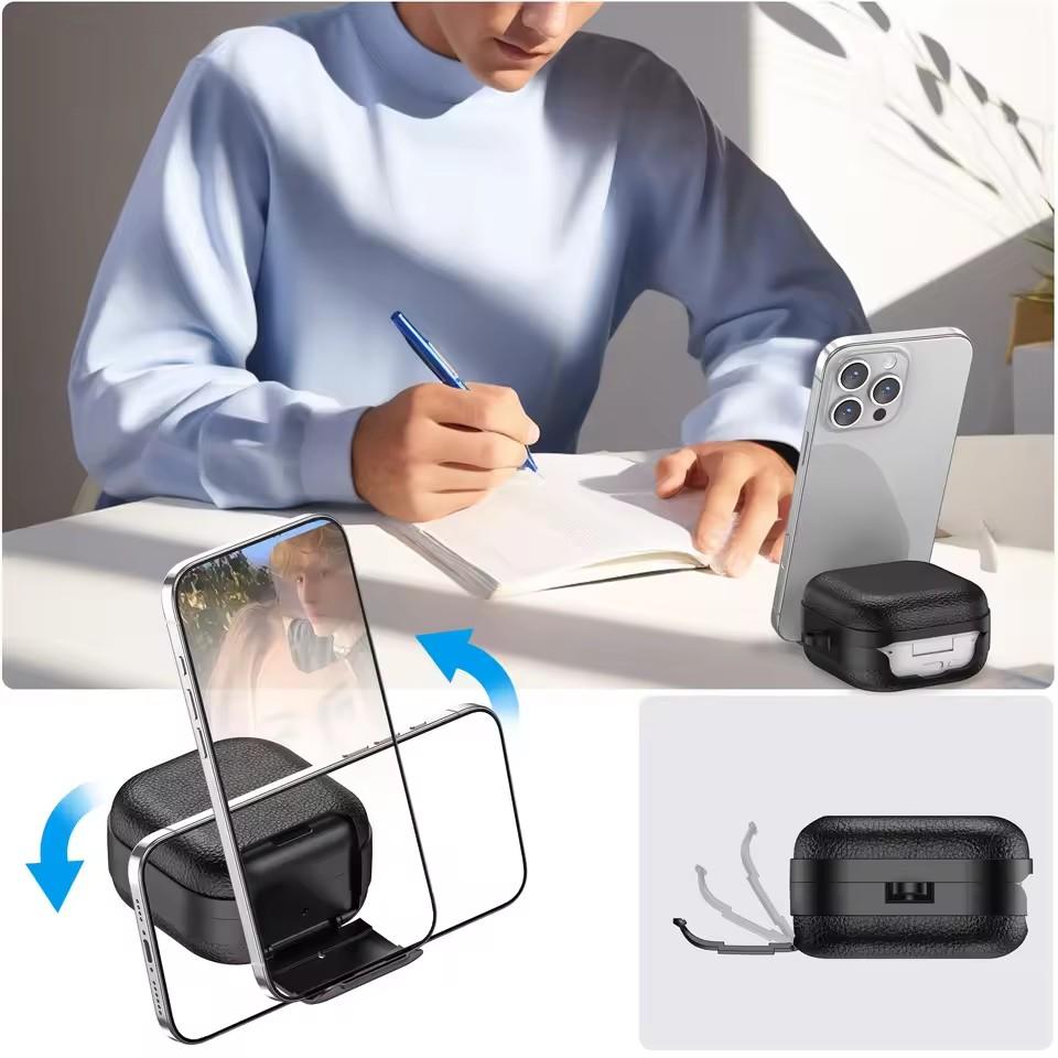 Business Leather Earphone Case With Phone Stand For Samsung Galaxy Buds 4 Pro Shockproof Full Cover Shell For Galaxy Buds 4