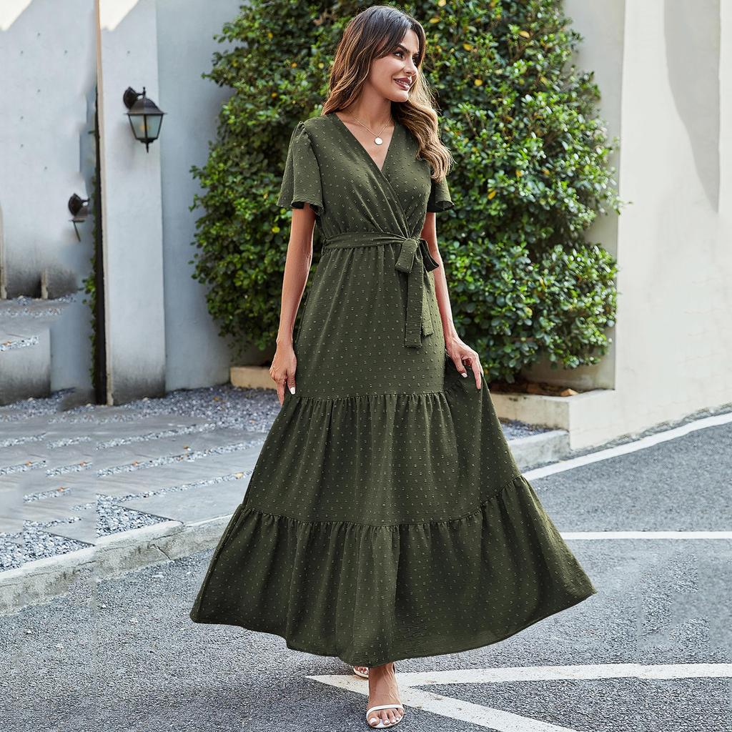 Women's Summer Bohemian Dot V-Neck Floating Short Sleeve Solid Color Tie Dresses