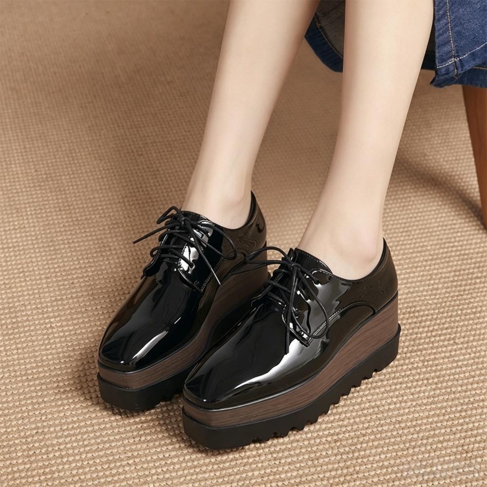 HZB‑761‑8 2026 New Women Patent Leather Lace‑Up Wedge Platform Pumps, British Style Soft‑Sole Versatile Thick‑Sole Casual Leather Shoes