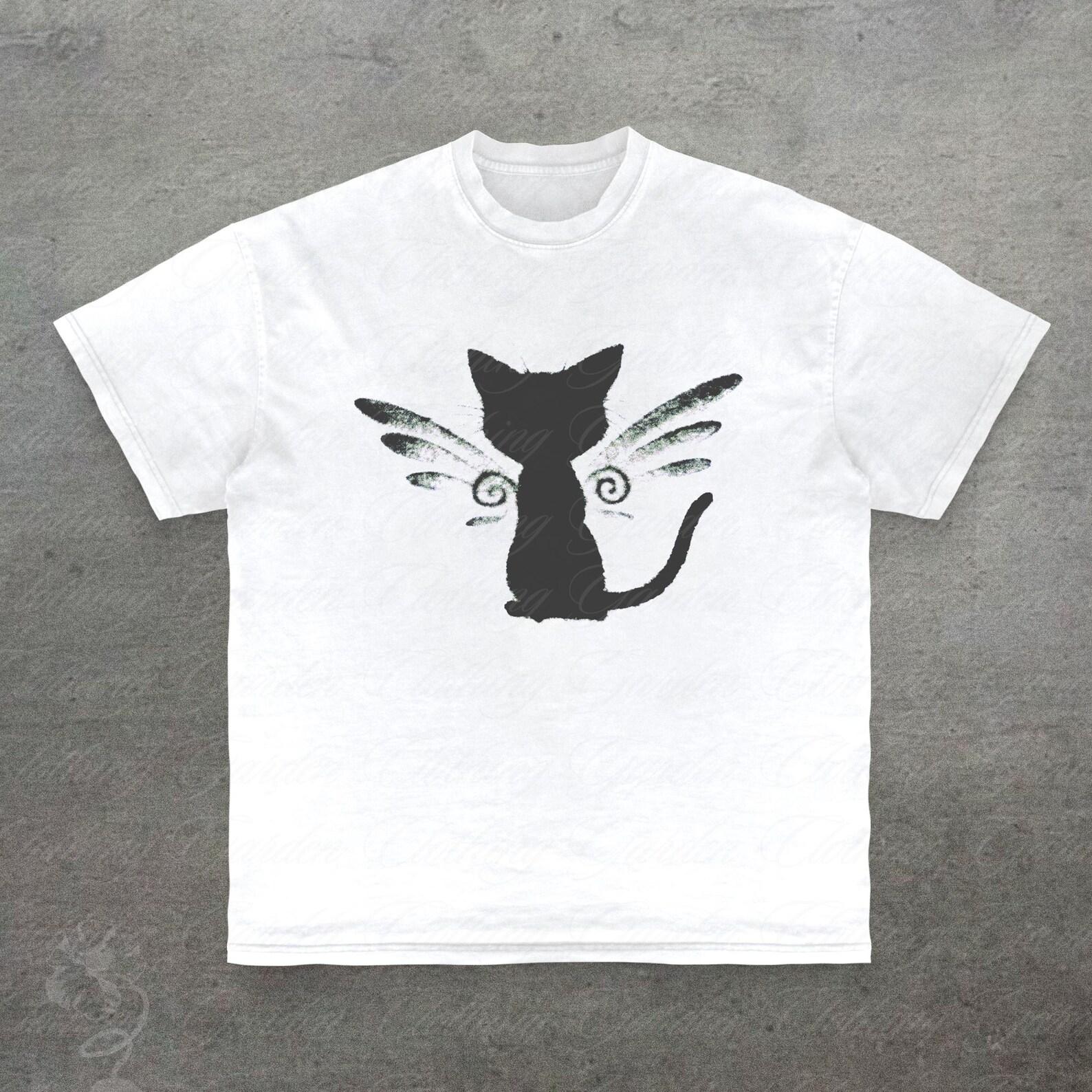 Cute Fairy Cat Graphic Tee, Gifts For Cat Lovers, Cute Black Cat T-Shirt for Men Women, Minimalist Fairy Cat Top, Soft Everyday Cat Shirt S