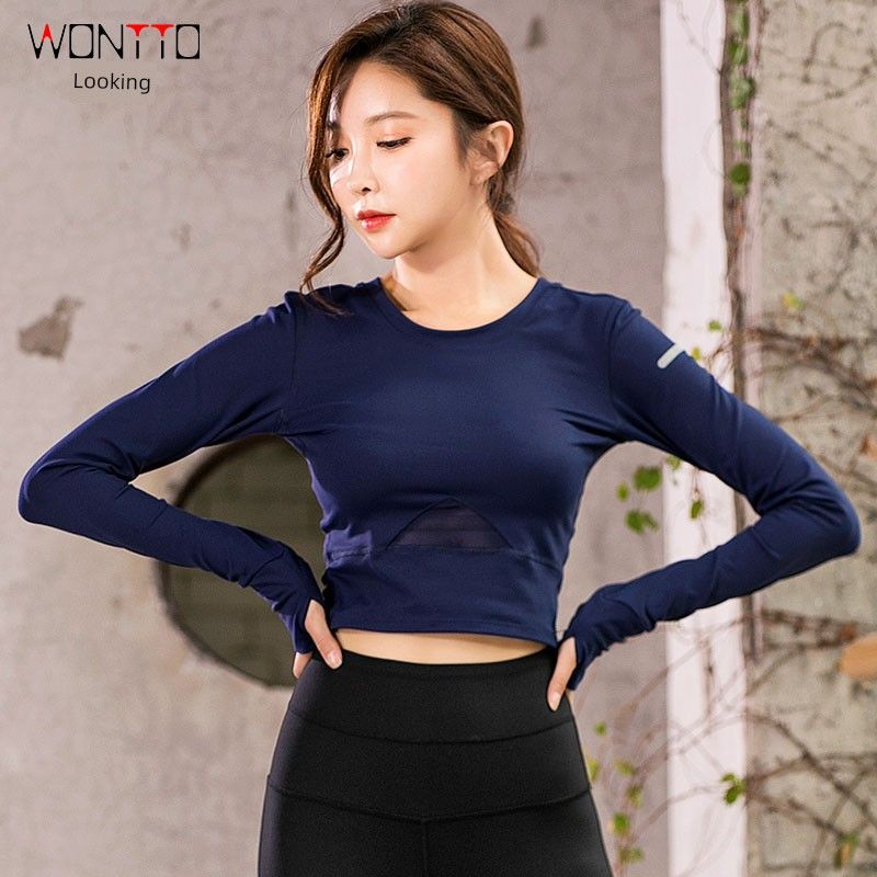 

Wontto Short Shipment Midriff Outfit Leotards Yoga Royal Blue Short Finger Long sleeves M