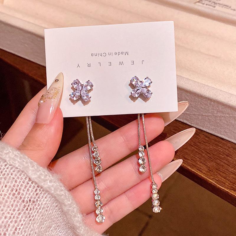 "925 Silver Long Tassel Zircon Bow Earrings for Women - Light Luxury & Versatile Design"