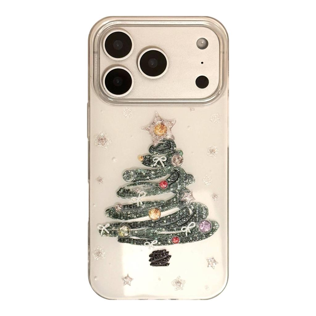 Embossed Glitter Christmas Tree Graffiti Drop-proof Phone Case for iPhone 12, 14, 15, 16, 17 Pro Max