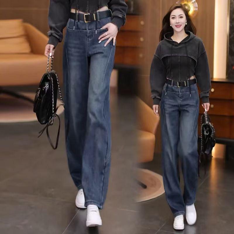 

Retro Blue High-Waisted Wide-Leg Velvet Jeans Women 2026 - Slimming Loose Straight Cut Pants 32 for 145-155 jin