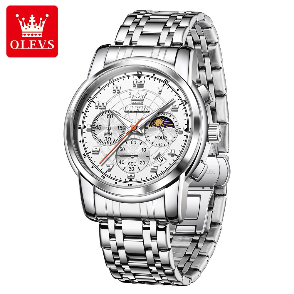 Mens Stainless Steel Analog Watch Steel Bracelet Waterproof Luminous Moonphase Chronograph Quartz Wristwatch