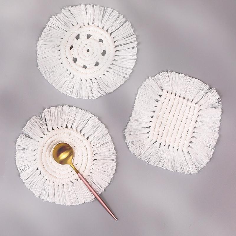 White Tassel Hand-woven Cotton Rope Coaster Nordic Style Insulation Mat Table Top Simple Decorative Mat Drinkware Coaster