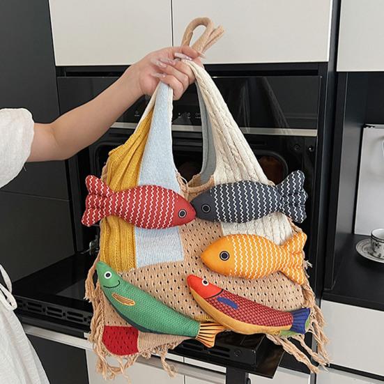 Borsa Grande Capacità Borsa a Shopper Lavorata a Maglia Pesce 3D, Borsa a Spalla Patchwork con Frange, Regalo Creativo per Donne Borsa Boho Colorata per il Pendolarismo Quotidiano