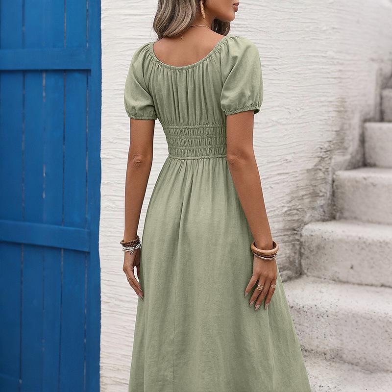 2026 Summer French Retro Square Neck Cinched Waist Dress