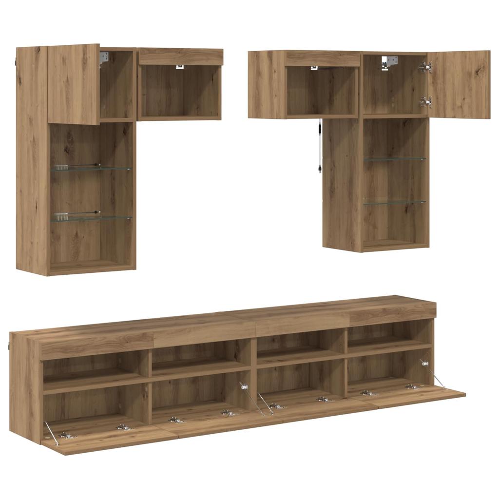 TV Wall Unit with LED Light Strips 6 pcs Reclaimed Wood Effect Particleboard