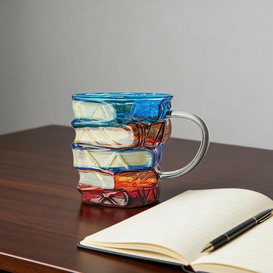 Artistic Book Stack Glass Coffee Mug Large Capacity Clear Glass Floating Effect Book Lover Gift Mug with Ergonomic Handle