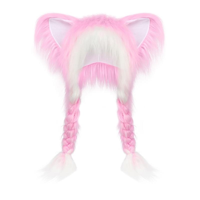 Soft Furry Animal Ear Hat with Braids for for Women and Girls Cartoon Earflap Hat Cosplay Winter Party and Themed Event