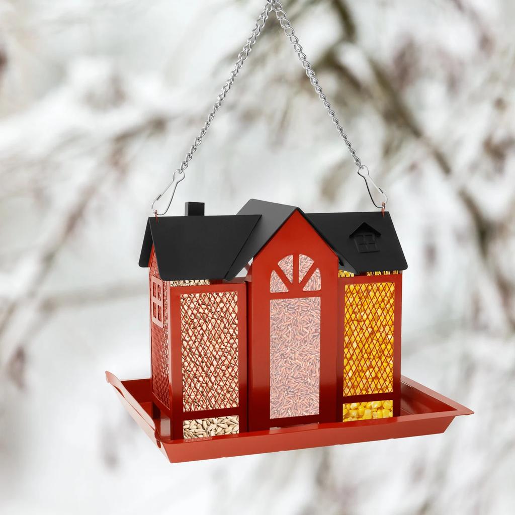 Metal Hanging Wild Bird Feeder Waterproof Outdoor Hang House Type Large Capacity Garden Decor Backyard Wildlife Birding